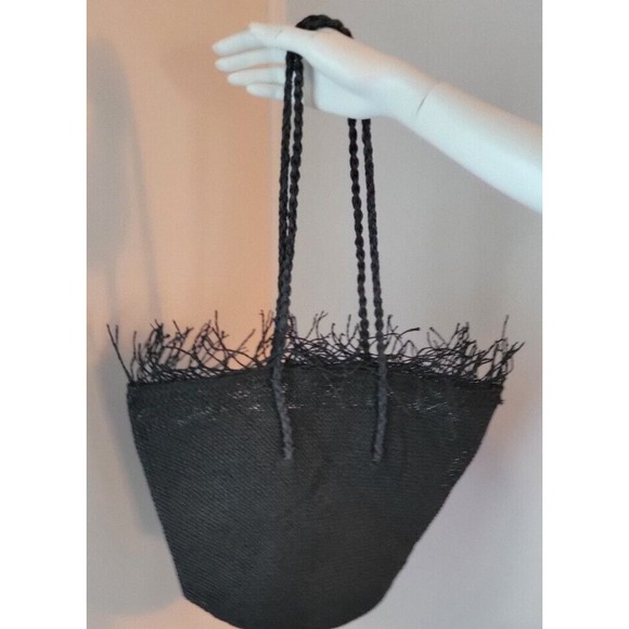 Woven Black Handbag Purse 100% Paper Black Frayed Beach Bag Snap Closed Zip... - Picture 1 of 15